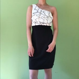 BCX one shoulder white ruffle black skirt dress